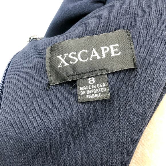 XSCAPE Women's Scuba Crepe Ruffle Gown Size 8 Navy Blue Short Sleeve Dress NWOT - Picture 8 of 10